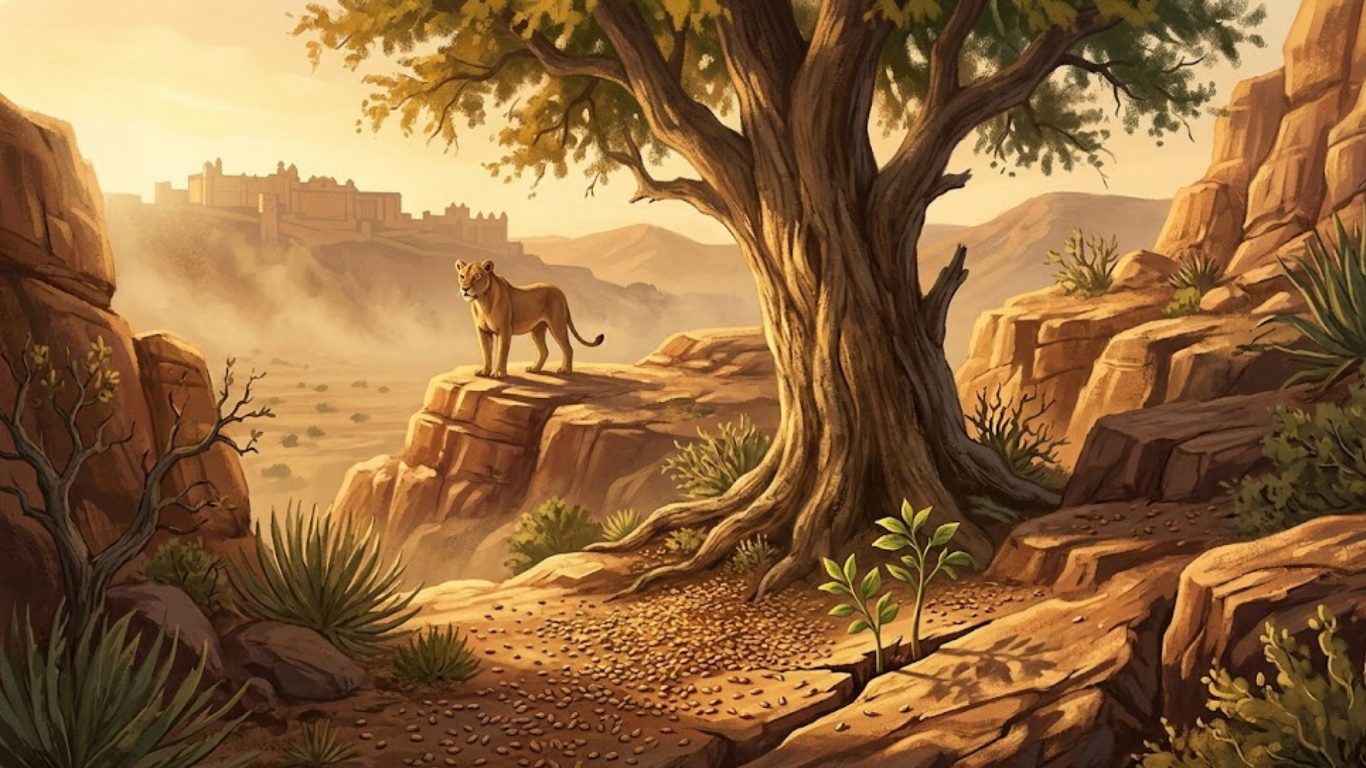 
Lioness overlooking ancient city illustration — majestic feline stands atop cliff under golden tree, with distant fortress in arid landscape. Showcasing  the mindset of successful people