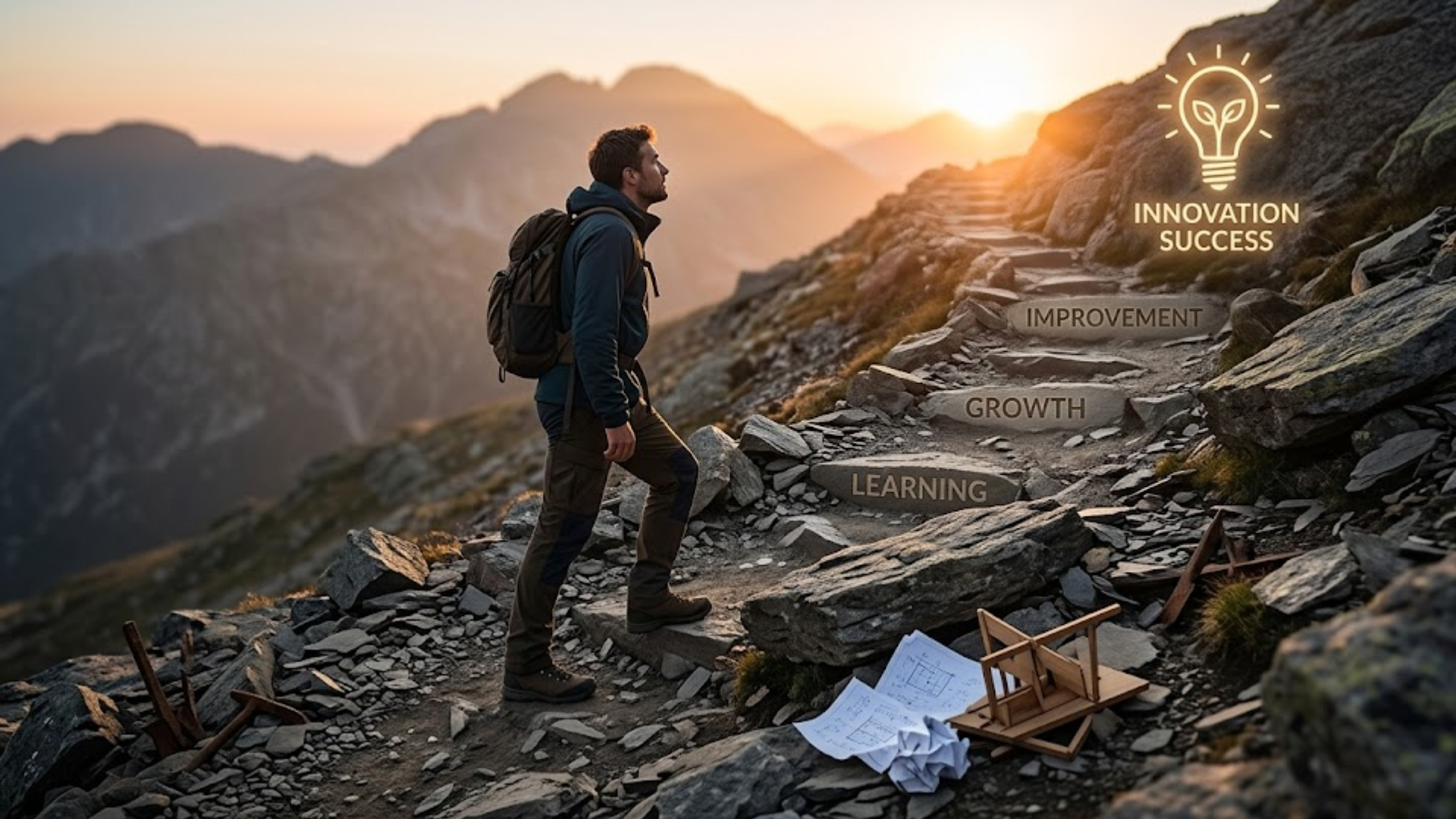 Successful hiker ascending stone steps labeled learning, growth, and improvement toward an innovation goal.