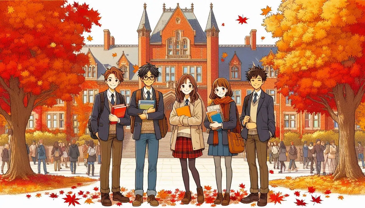 Popular Study Abroad Programs : Students standing outside the abroad university in autumn