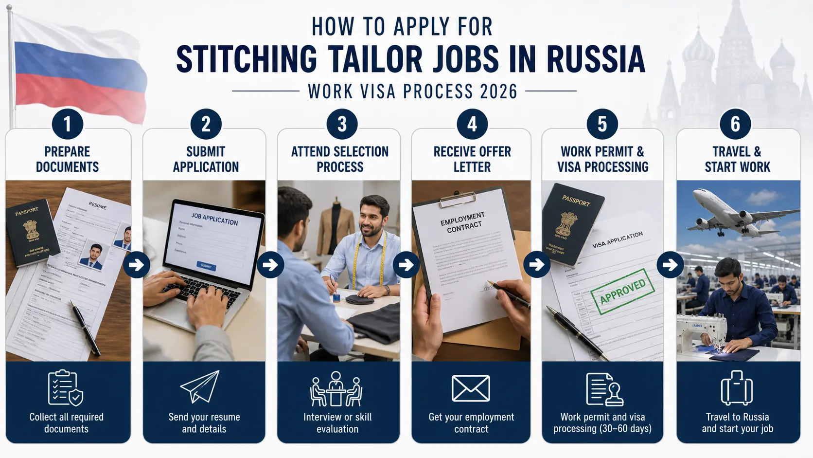 Stitching Tailor Jobs in Russia infographic detailing the 6-step work visa application process for 2026, from documents to travel.