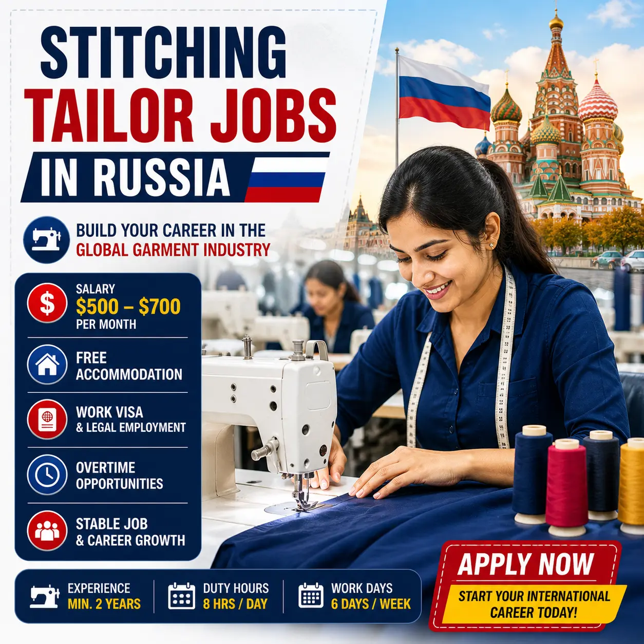 Stitching Tailor Jobs in Russia recruitment poster featuring a female tailor sewing with Moscow landmarks in the background.