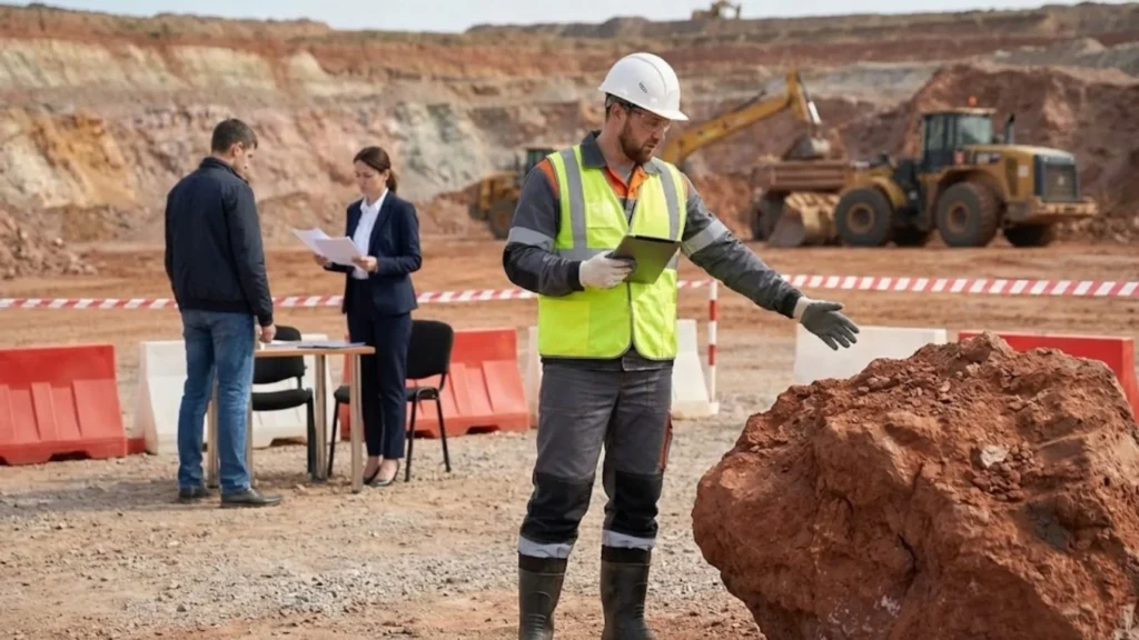 Bauxite mine worker jobs in Russia showing overseas job candidates undergoing site inspection and document verification at a mining location.