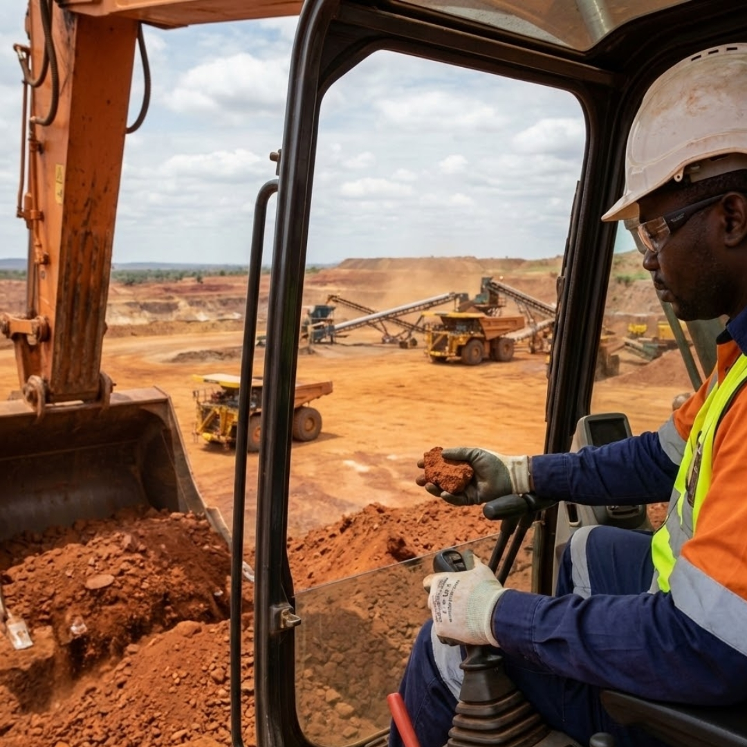 Bauxite mine worker jobs in Russia showing a skilled mine worker operating heavy equipment at an overseas mining site.