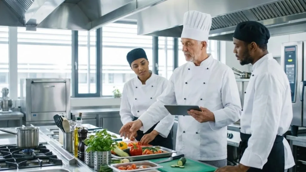 Chef vacancies in Oman showing overseas chefs reviewing kitchen tasks and work procedures in a professional commercial kitchen.
