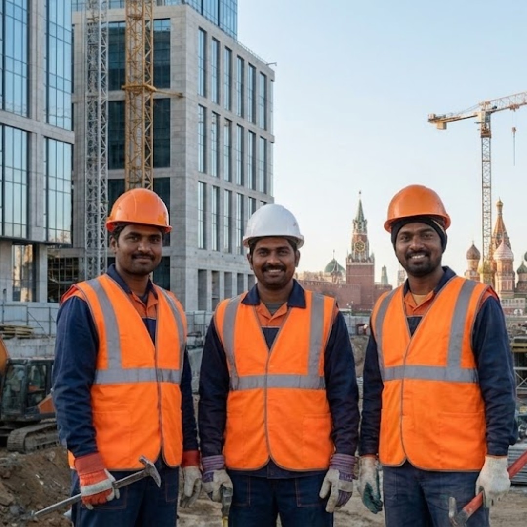 Construction worker jobs in Russia represented by three Indian laborers in safety vests at a Moscow building site.