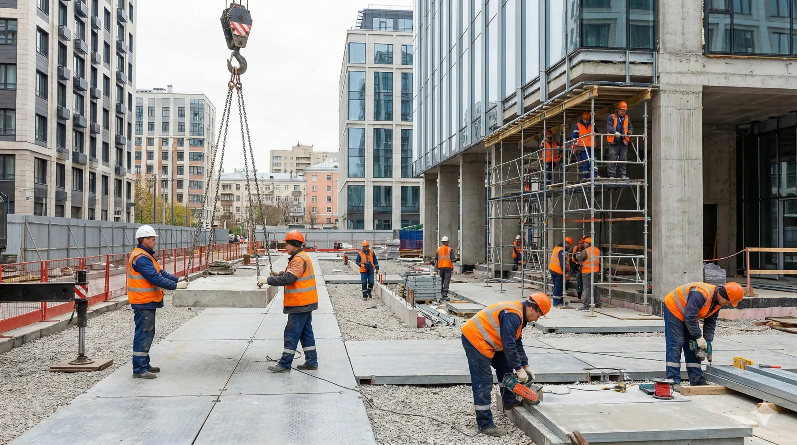 Construction worker jobs in Russia shown by a crew in safety gear using a crane and scaffolding at an urban building site.