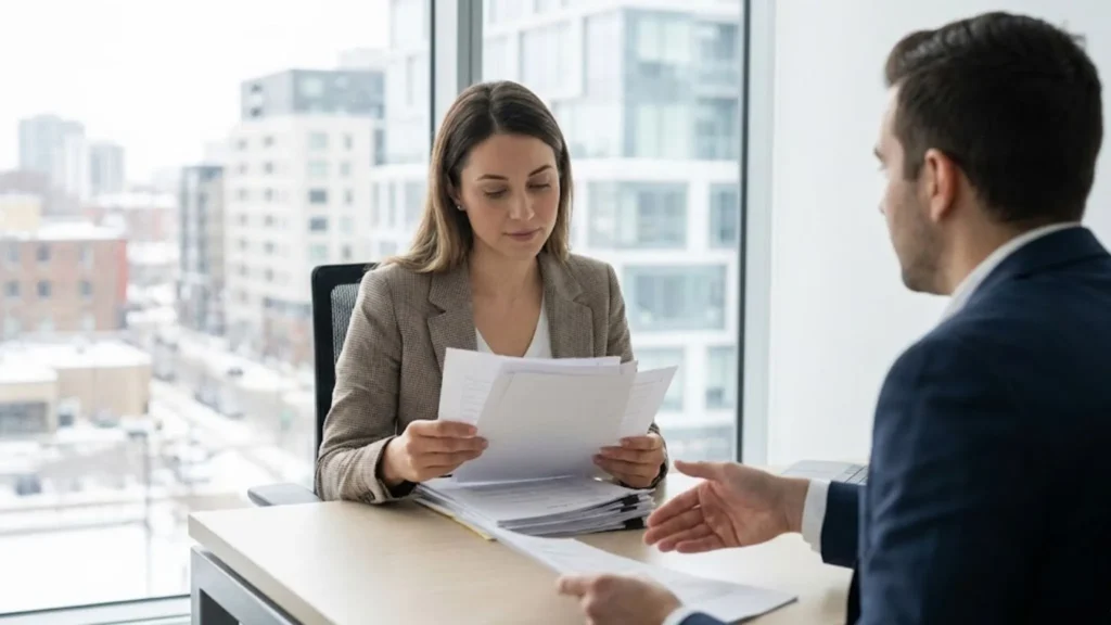 Housekeeper jobs in Russia showing an overseas job applicant reviewing employment documents during a formal application discussion.