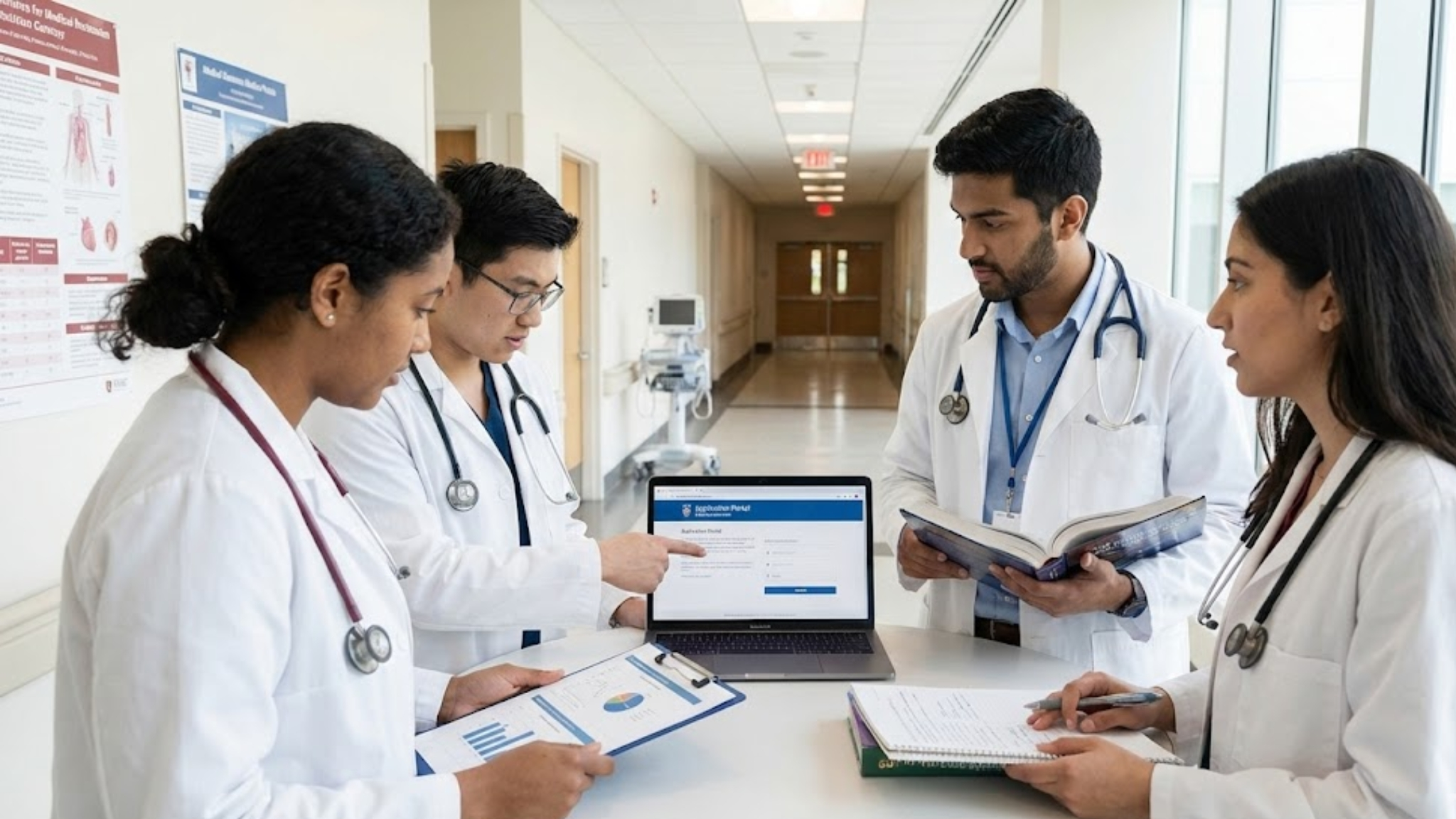 Internship opportunities for medical students researched by a group of young doctors using a laptop in a hospital hallway.