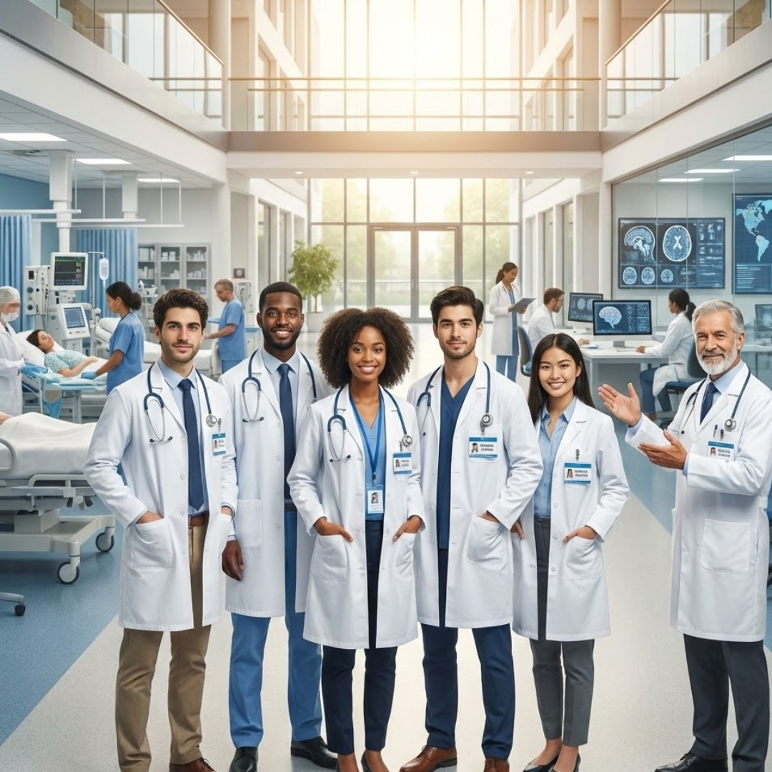 Internship opportunities for medical students shown by a diverse team of doctors in a busy modern hospital corridor.