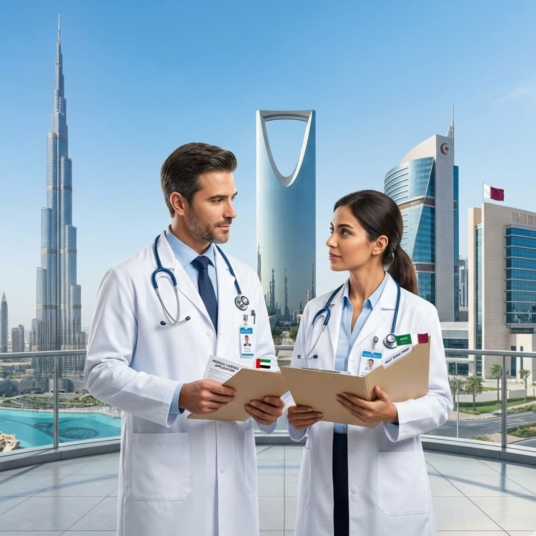 Working in Gulf countries after MBBS concept showing doctors discussing files with Dubai and Riyadh skylines in the background.