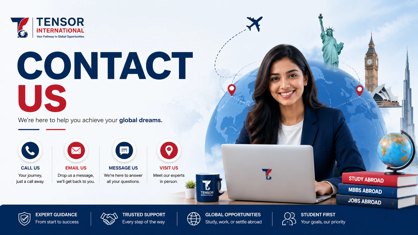Contact Us for Tensor International to explore education and career pathways, featuring a consultant with books and international landmarks.