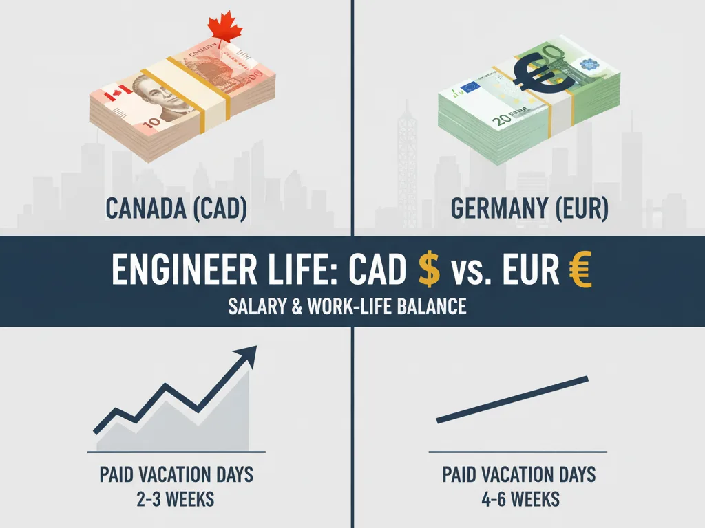 Inspiring Engineer in Canada vs. Germany Journey 2026 Comparison graphic showing the difference in average engineer salaries and work-life balance between Canada and Germany.