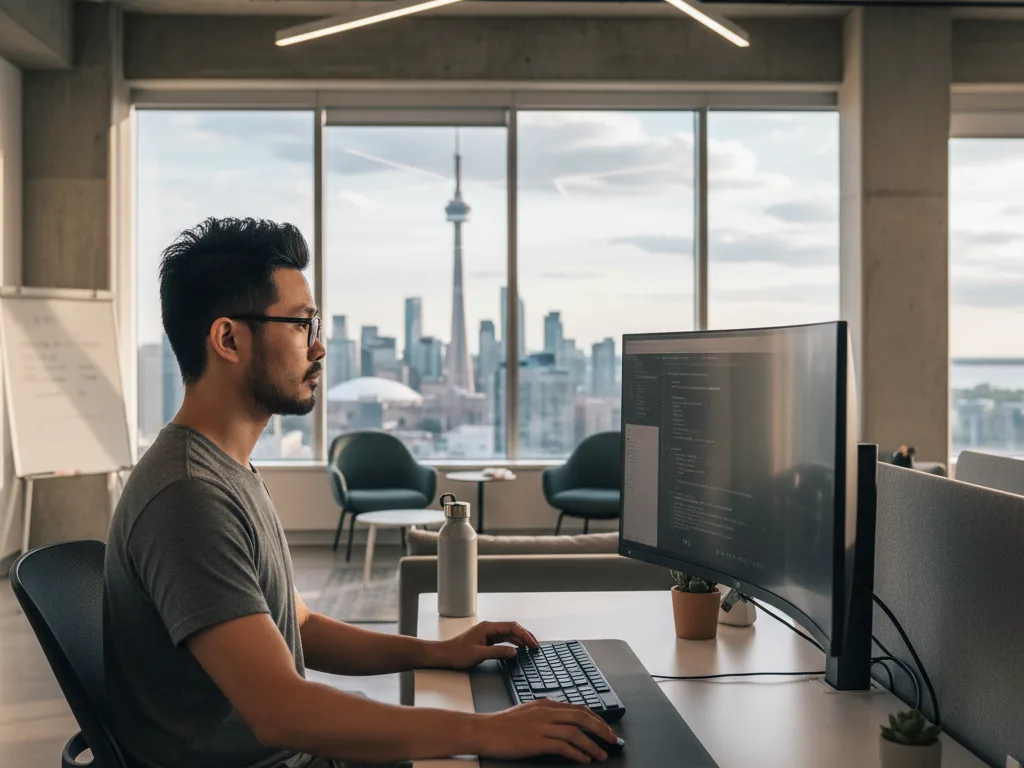 Inspiring Engineer in Canada vs. Germany Journey 2026 Software engineer working in a contemporary, diverse office in Canada, highlighting the growing tech sector.