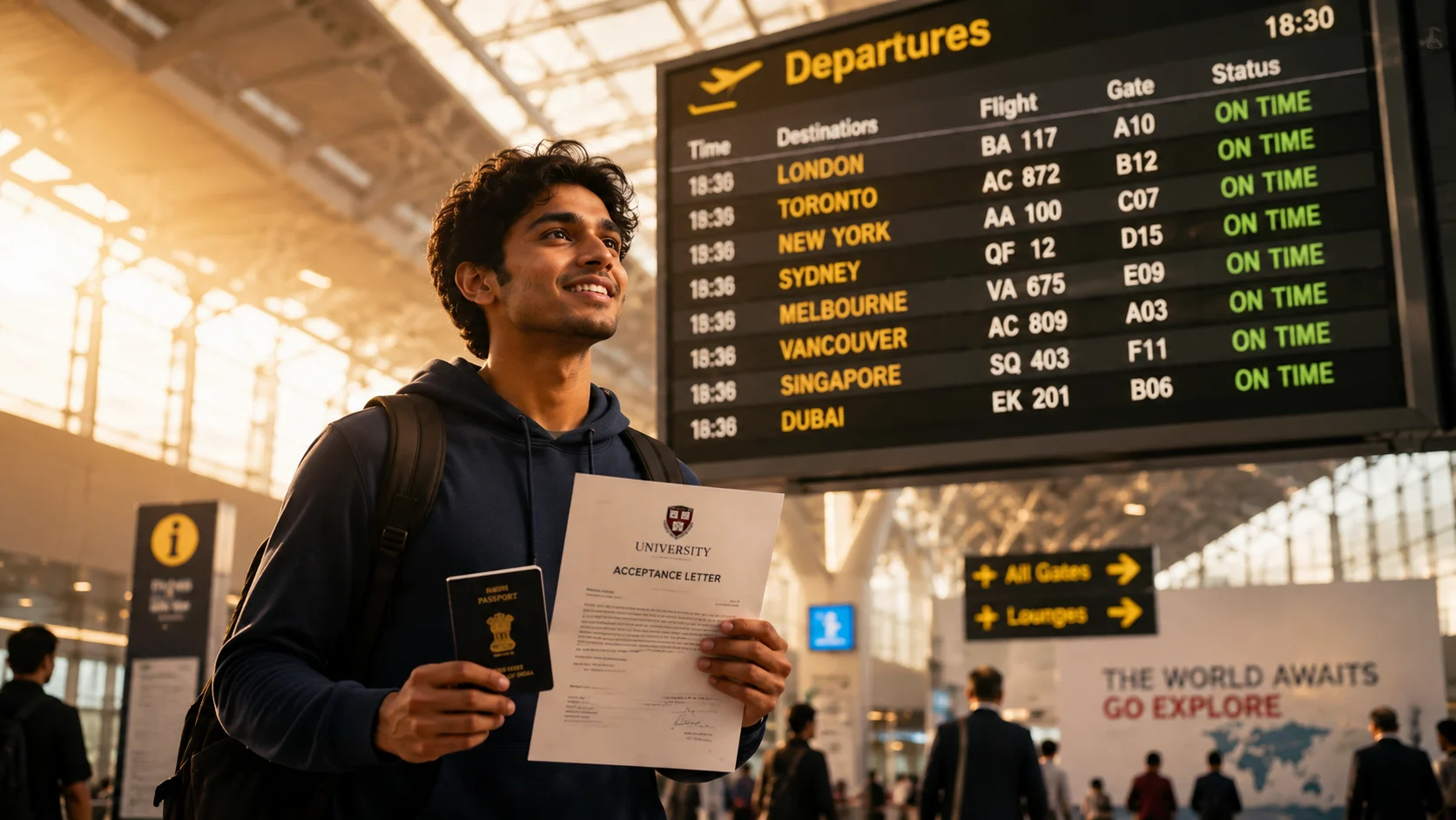 International Education: Best Guide for Indian Students in 2026 international education guide - Student holding acceptance letter and passport at airport checking departures board.