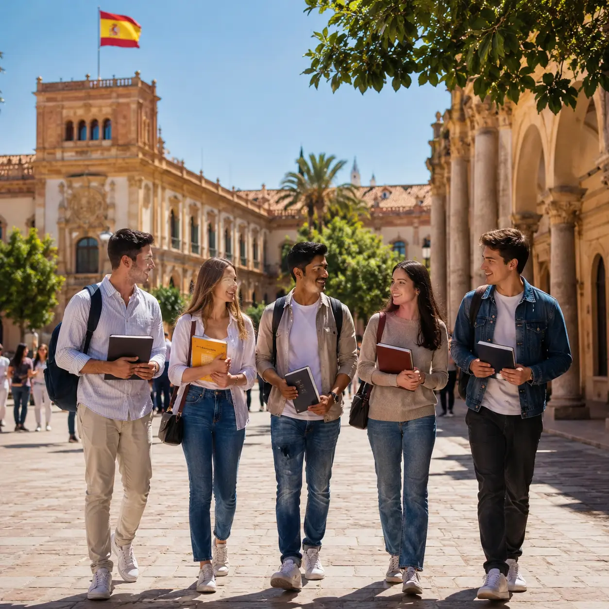 study in spain for free - International students walking on Spanish university campus with historic architecture and flag