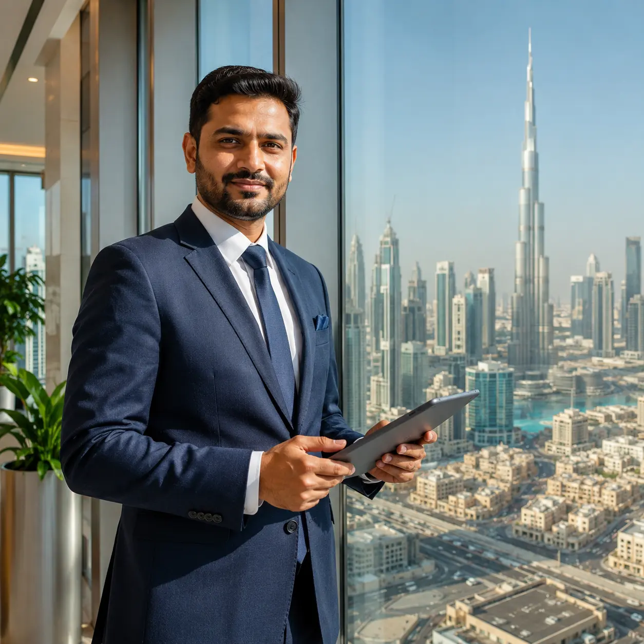 jobs in dubai for indian citizens - Professional businessman with tablet in Dubai office overlooking Burj Khalifa skyline