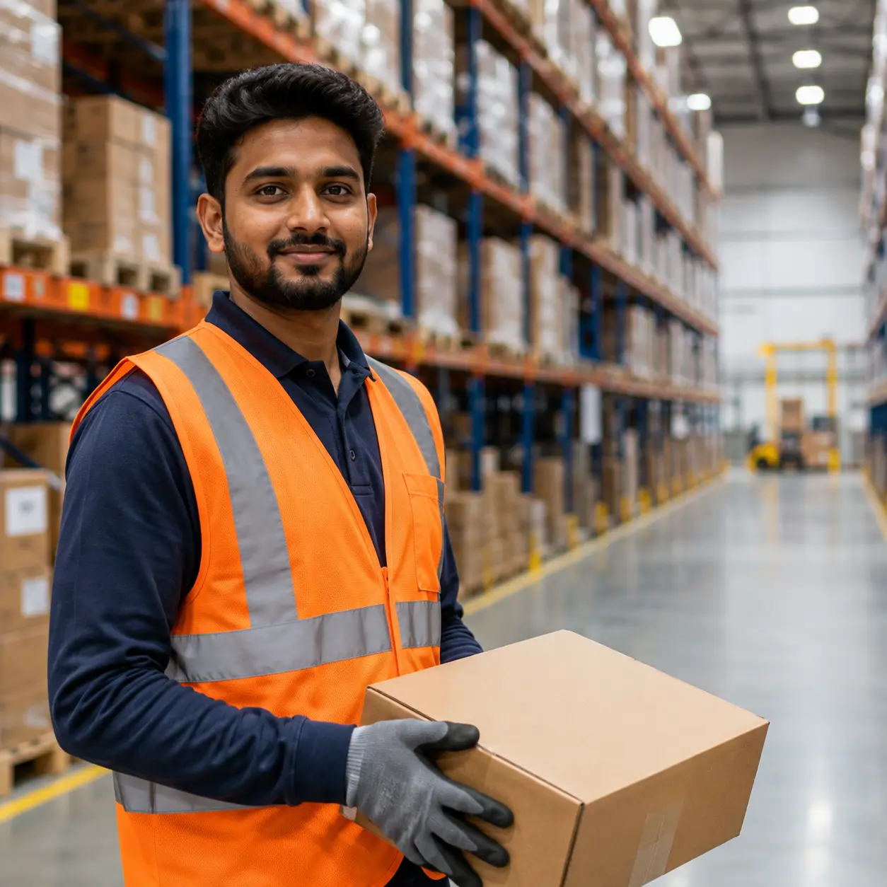 israel jobs for indians - Warehouse worker in orange safety vest holding package at modern distribution center