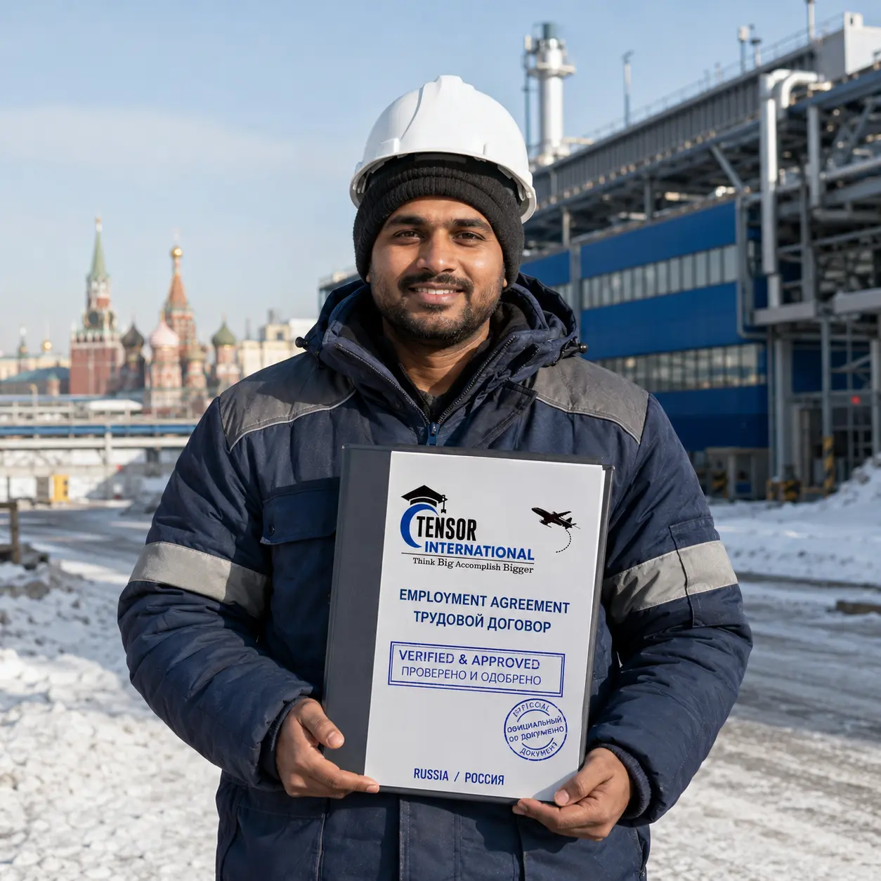 Russia Jobs for Indians featuring a worker holding a verified employment contract with Moscow's Red Square in the background.
