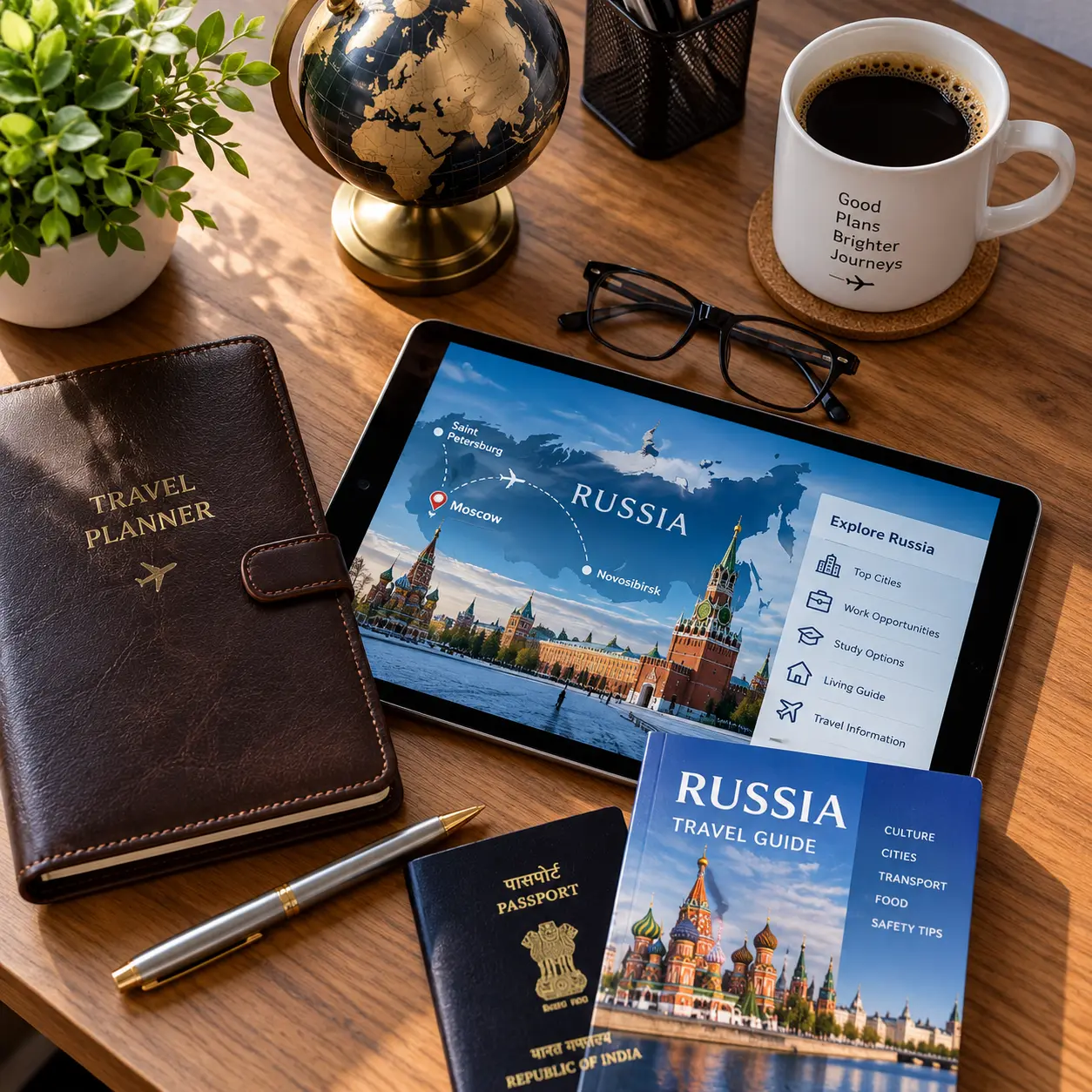types of visas in Russia - desk with tablet showing map of Moscow, travel planner, Indian passport, and guidebook.